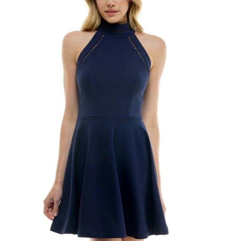 NWT Romantic Halter Scuba Skater Dress Fit & Flare Mini Crochet Trim Juniors 7/8